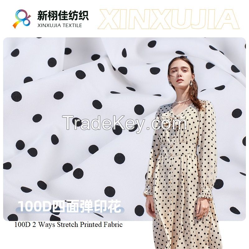 stock Polyester Spandex Satin dot printed woven dress clothing fabric for garment skirt shirt apparel