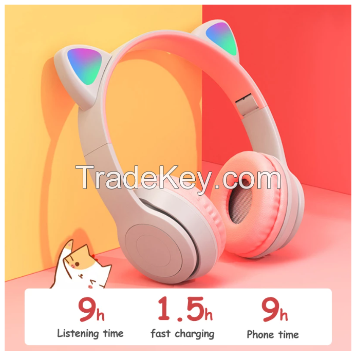 Wireless Headphones Cat Ear with Mic Blue-tooth Glow Light Stereo Bass Helmets Children Gamer Girl Gifts PC Phone Gaming Headset
