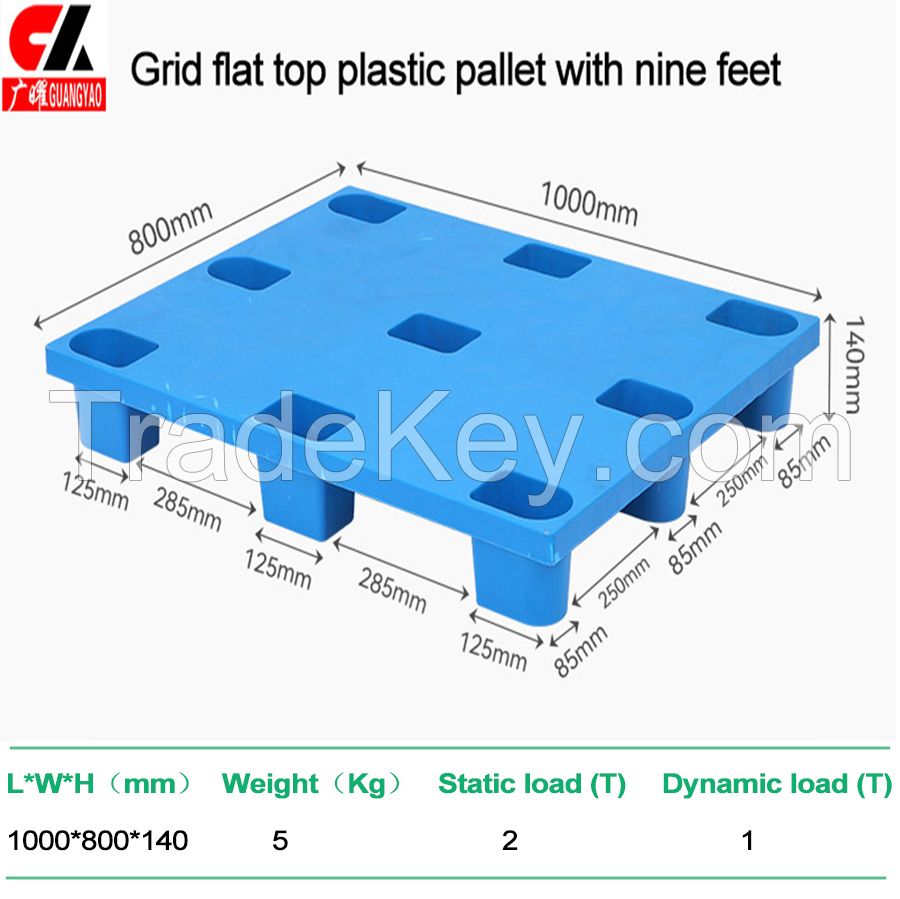 Grid flat top plastic pallet with nine feet