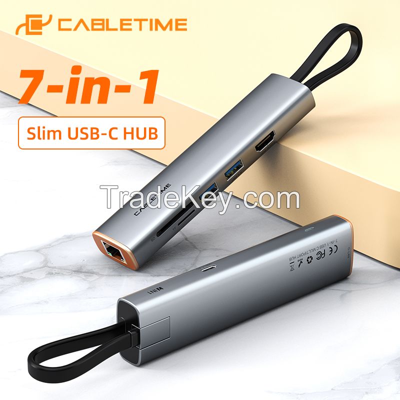 CABLETIME 7 in 1 Slim USB HUB Type C to 4K HDMI RJ45 1000Mbps PD 100W OTG SD TF Card Reader for PC MacBook Pro HUB Dock C432