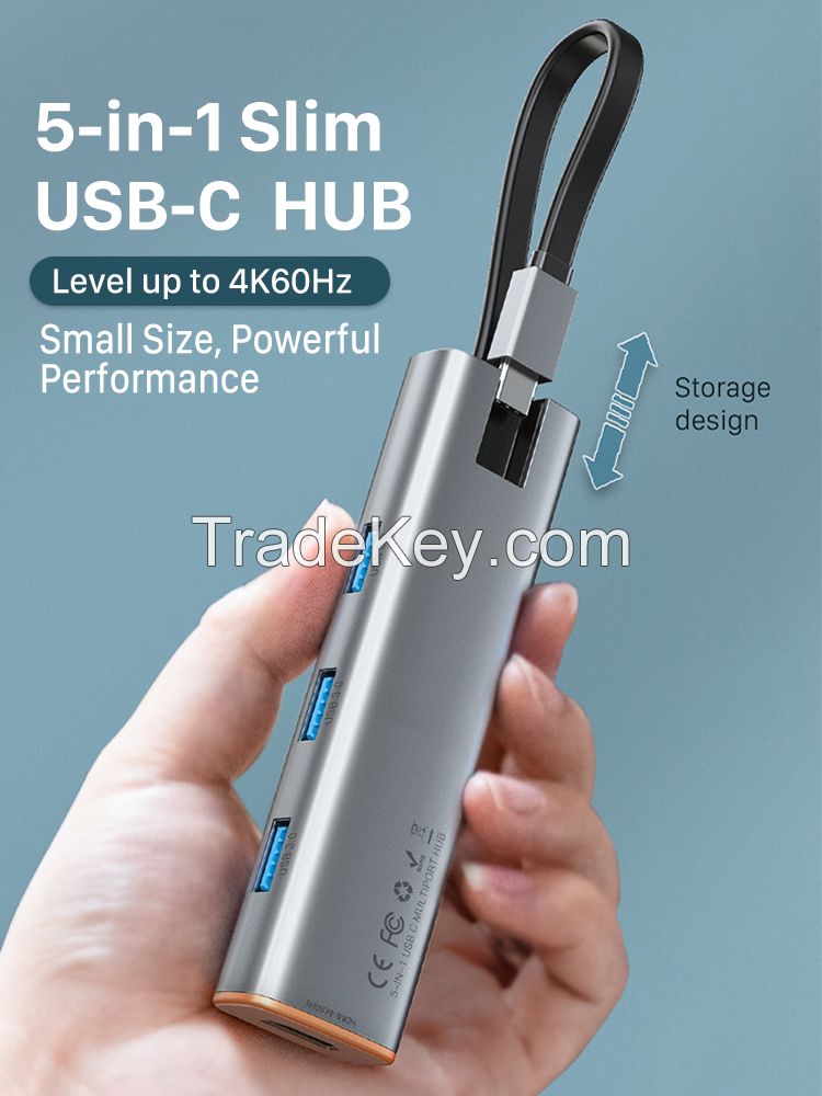 CABLETIME Slim 5 in 1 USB C HUB to HDMI-compatible 4K 60Hz PD 100W USB 3.0 5Gbps for MacBook Pro Laptop Type C HUB C431