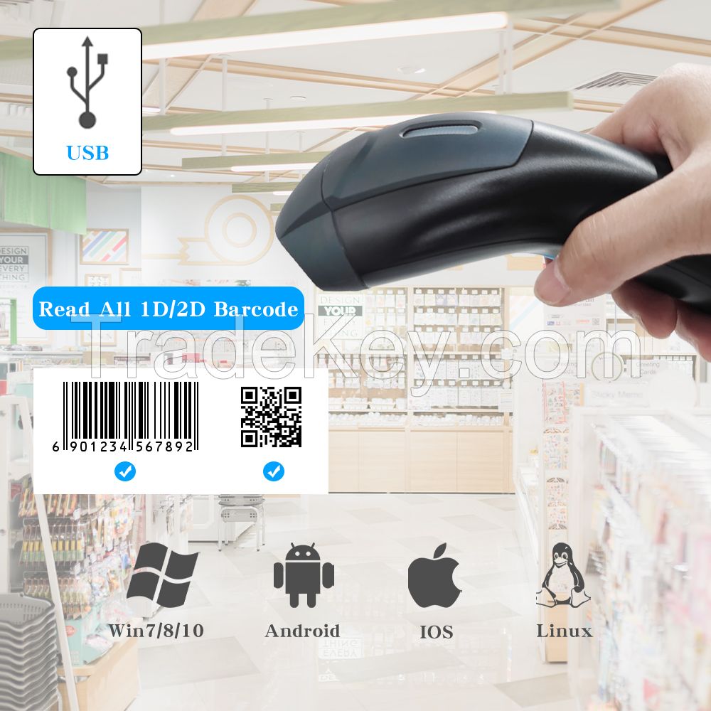 FT-112 1D Bar Code Reader with Adjustable Stand Wired USB Laser Handheld Barcode Scanner for Retail Store Cash Register POS System
