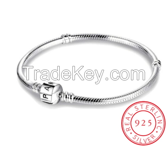 925 Sterling Silver Snake Chain DIY Charm Bracelet for Women Gift Ewel