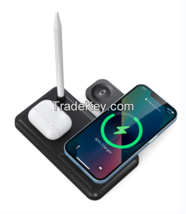 PS498. Folding four-in-one wireless charger (desktop), support mobile phone / Apple watch / Bluetooth headset / Apple Pencil 1 generation is put on charging. Functional