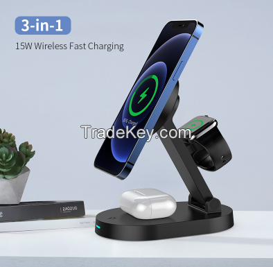 PS468B. Magnetic suction three-in-one wireless charger (desktop), support iPhone 12 / 13 series, AirPods wireless charging compatible small night light that is put charging.