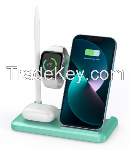 PS498. Folding four-in-one wireless charger (desktop), support mobile phone / Apple watch / Bluetooth headset / Apple Pencil 1 generation is put on charging. Functional