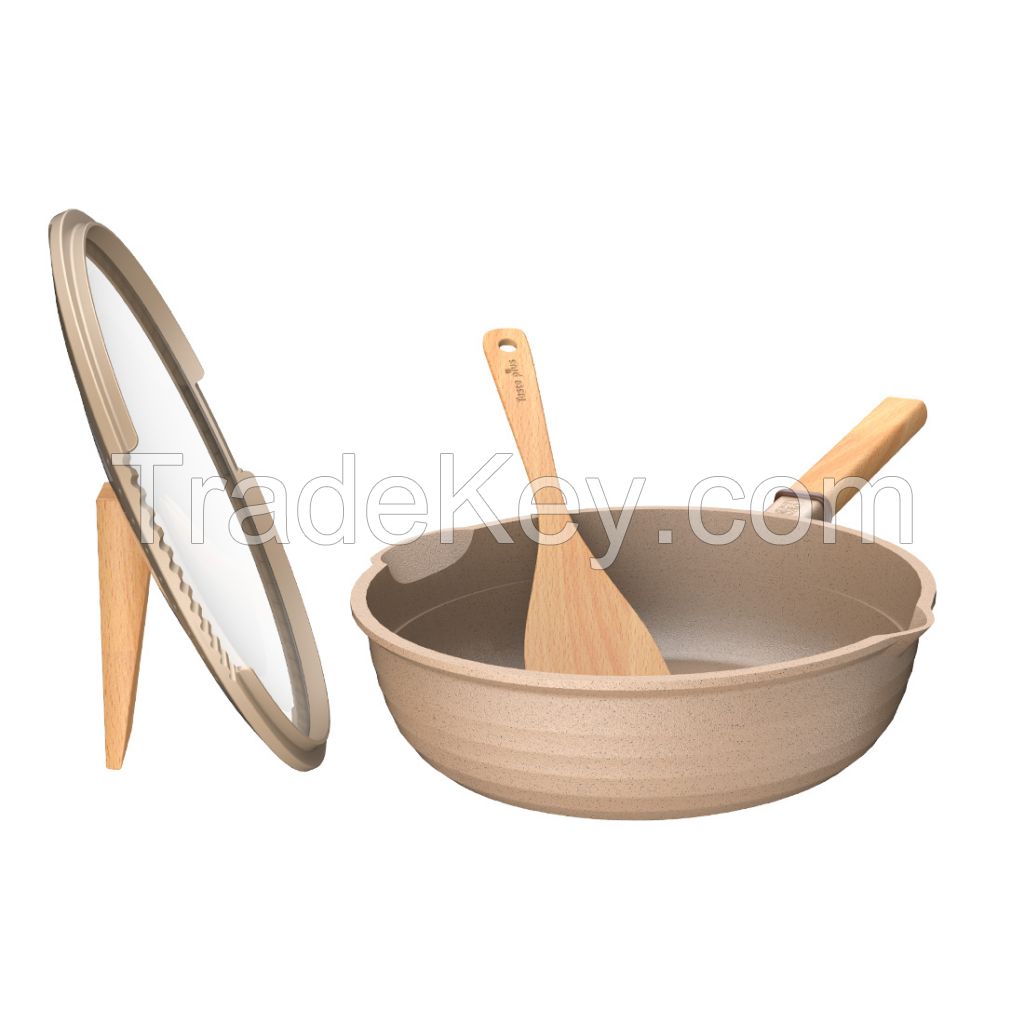 11Inch Deep Skillet with Glass Lid, Clay Coated Nonstick Frying Pan with Wooden Handle
