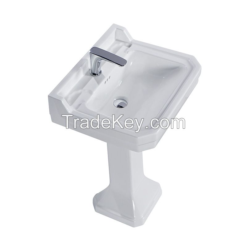 Bathroom rectangle glassy white ceramic sanitary ware hot selling pedestal sink