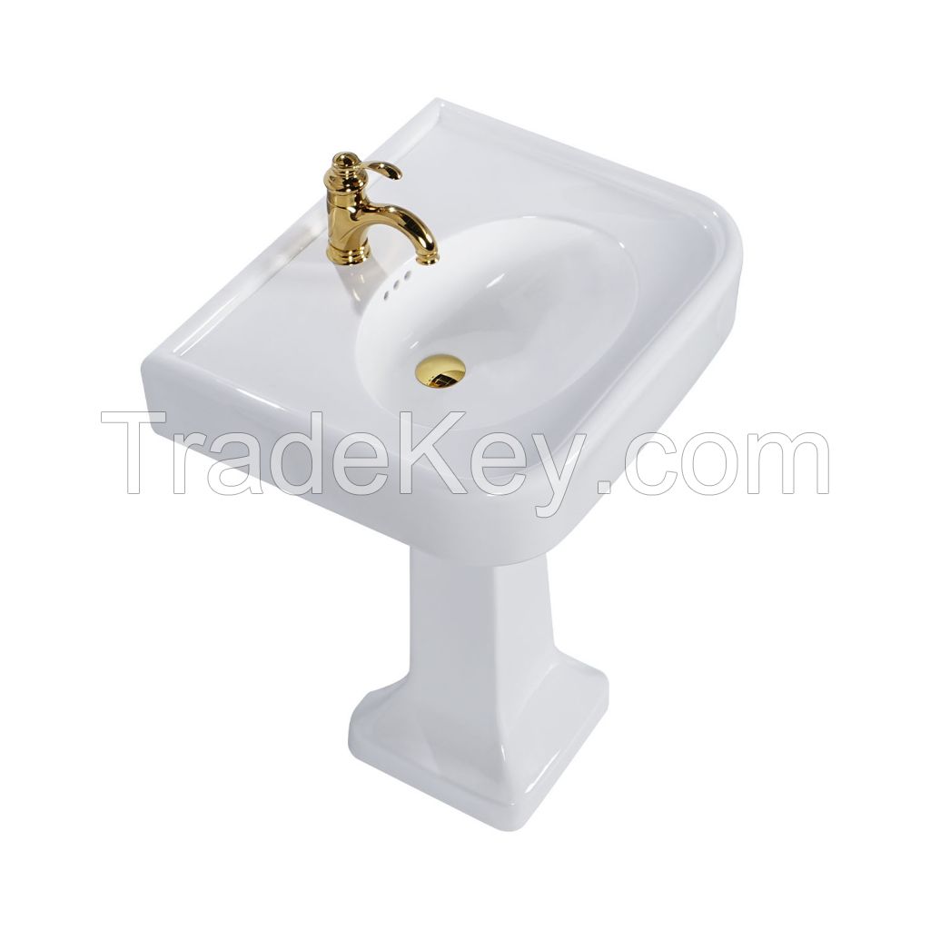 Bathroom glassy white ceramic porcelain rectangle freestanding pedestal sink