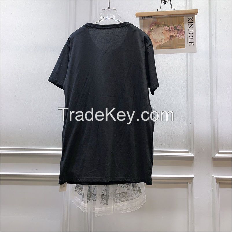 Heavy industry nail bead lace stitching European and American style fashion design sense niche T-shirt women 2022 summer new fat mm tide