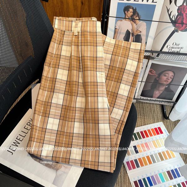 European goods check wide leg pants women summer new high waist drape