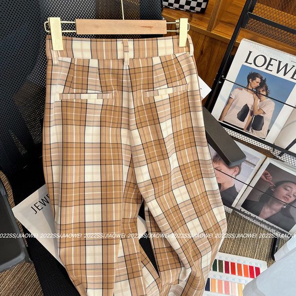 European goods check wide leg pants women summer new high waist drape
