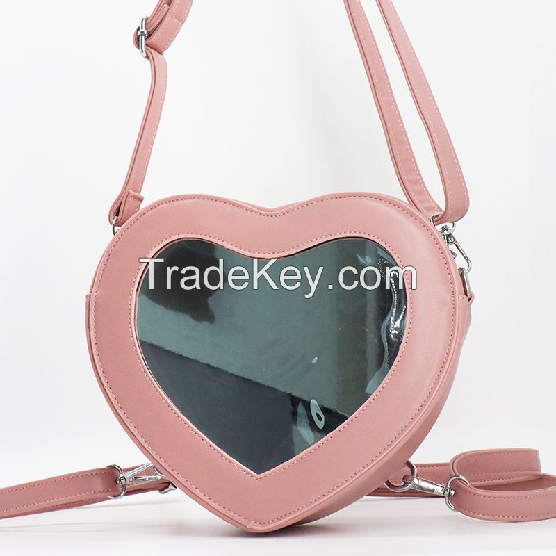 2022 New Design Ins fashion Girls Heart Shape Bag With Mirror Cosmetic Lolita Custom Vegan Leather Bag