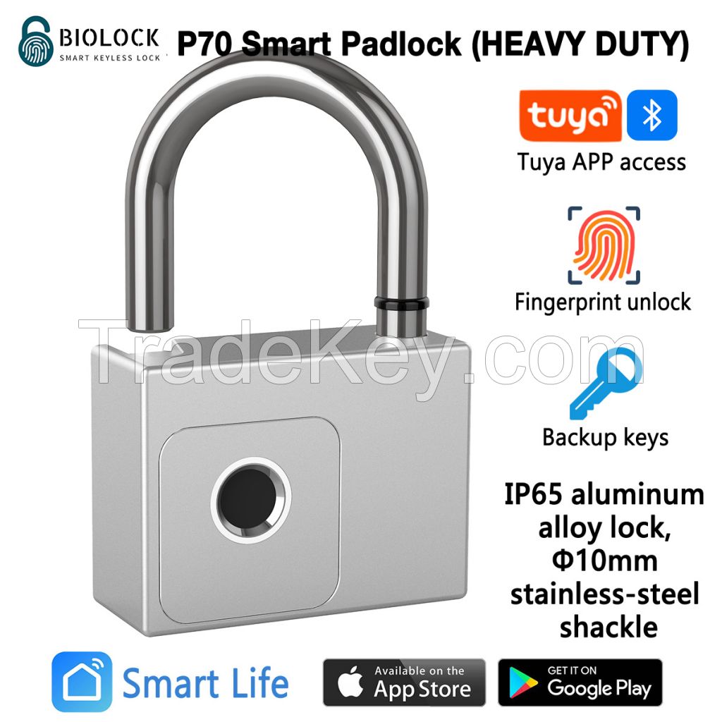  BioLock P70 Smart Padlock (heavy duty type) Bluetooth Tuya Smart Life APP access, Fingerprint ID and backup keys