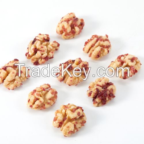 Cranberry flavored peeled walnut kernels for casual snacking