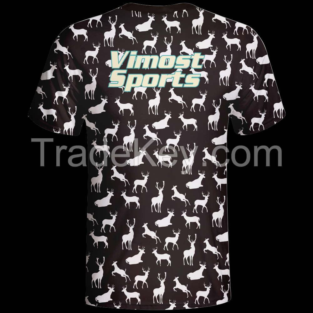 100% Polyester T-Shirt with Short Sleeves with  White Deer Pattern