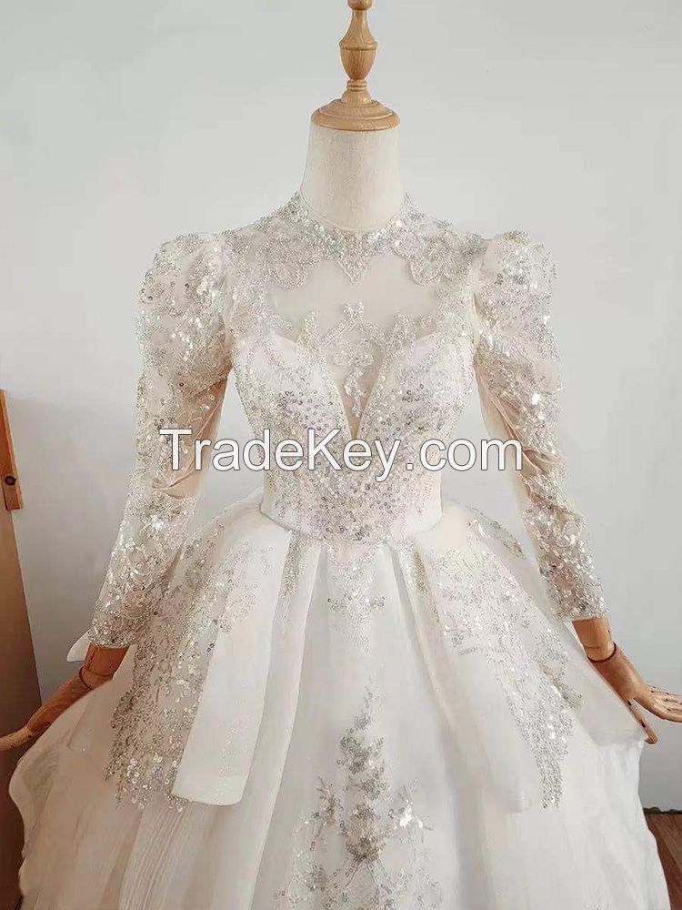 Luxury Wedding Prom Dresses for Women 2022 Bride Beaded Ball Gown