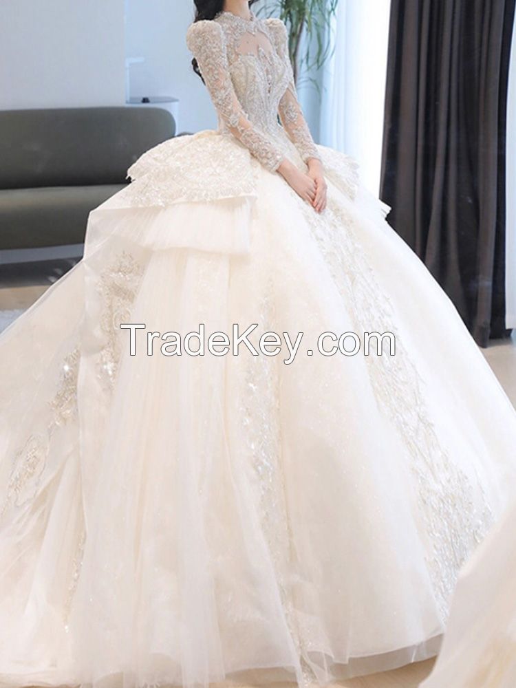 Luxury Wedding Prom Dresses for Women 2022 Bride Beaded Ball Gown