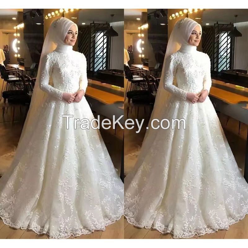 Lace Muslim Wedding Dresses High Neck Appliques Bridal Gowns