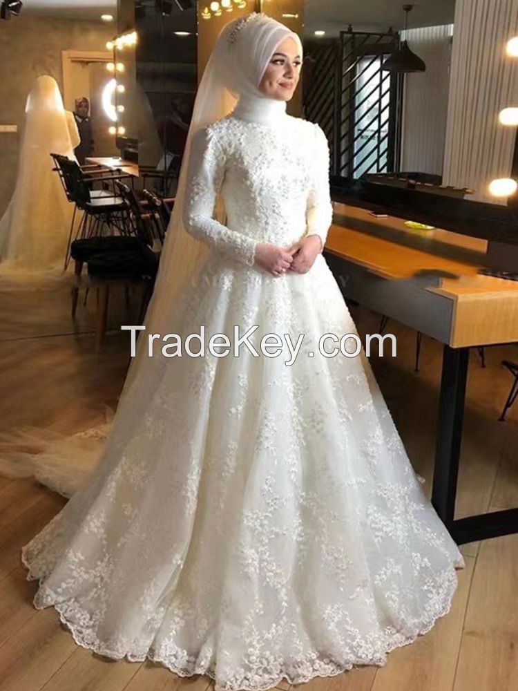 Lace Muslim Wedding Dresses High Neck Appliques Bridal Gowns