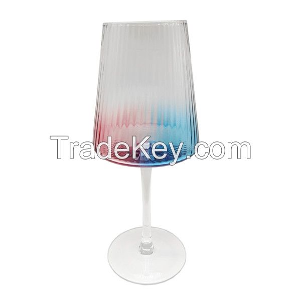 Hand-blown Dense Vertical Stripe Blue and Red Drinking Glasses Set