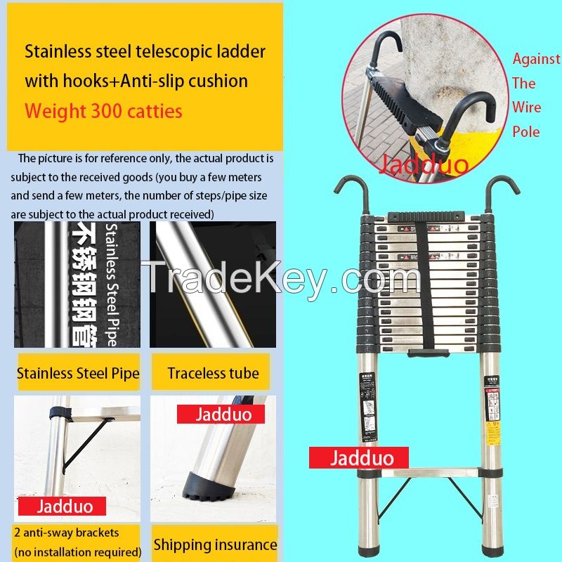 Stainless Steel Single Telescopic Ladder with Hook+ Anti-slip Cushion