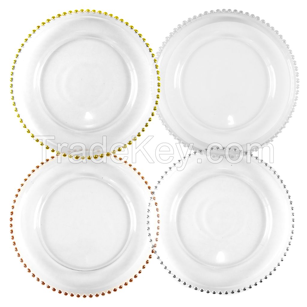 13 Inch Transparent Glass Edge Round Beads Multicolor Optional Wedding Tabletop Decoration Plate Glass Charger Plates