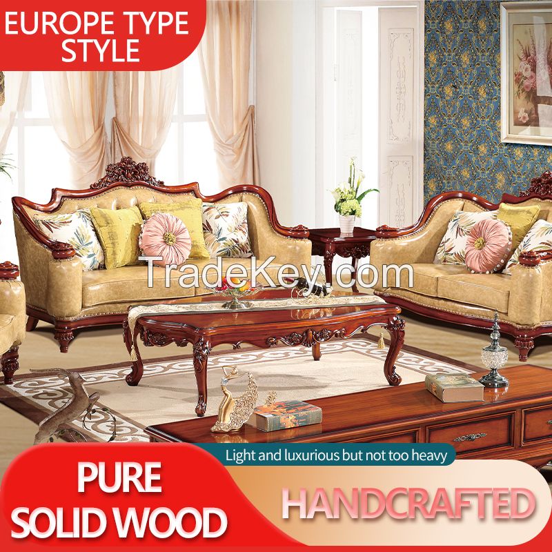 European leather sofa neo-classical villa high-end luxury living room large solid wood cowhide furniture
