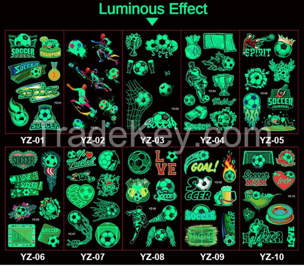 Football Tattoos Stickers 10 Pack Glow-in-dark Soccer cupTemporary Tattoos for Kids and Adults Luminous Football Fan Gifts