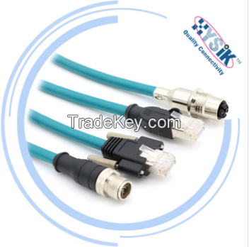 Ethernet M12 X code to RJ45 blue metal male plug molded 8pin TPU PVC jacket Cat6e cable connector