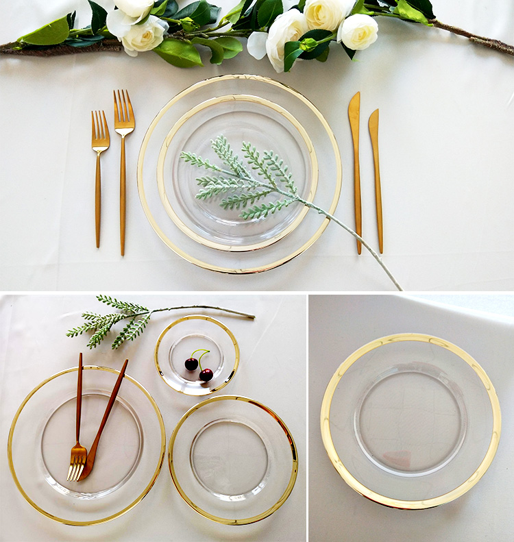 Wholesale Large Inventory Restaurant Hotels Gold Black Rim Clear Dinner Plate Wedding Glass Charger Plates Sets Dinnerware Sets