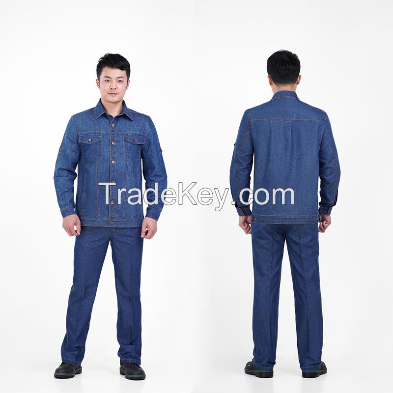Summer thin denim men's auto repair cotton labor protection clothes welder factory maintenance wear-resistant breathable long sleeved electric welding work clothes denim suit Height 160-190, wearable Starting from 10 sets