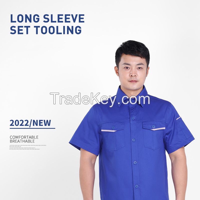 Summer cotton work clothes suit men's short sleeved summer wear-resistant electric welding factory work clothes summer thin breathable labor protection clothes work clothes Height 160-190, wearable Starting from 10 sets