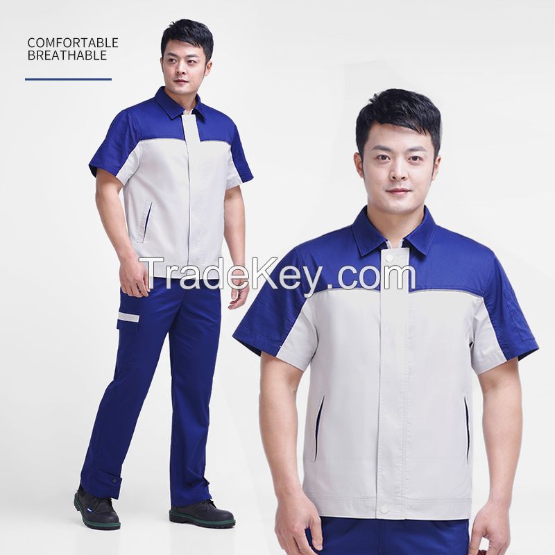 Work clothes suit men's short sleeved summer work clothes workshop clothes property maintenance engineering clothes work clothes uniform short sleeved blue and white suit Height 160-190, wearable Starting from 10 sets