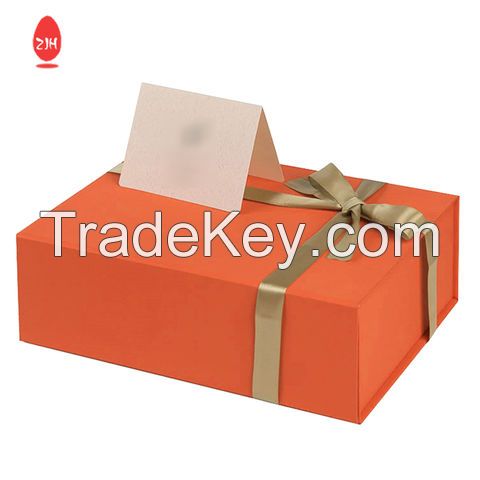 Packaging Box Foldable Orange Cardboard Paper Gift Box Magnetic Rigid Packaging Box with Ribbon
