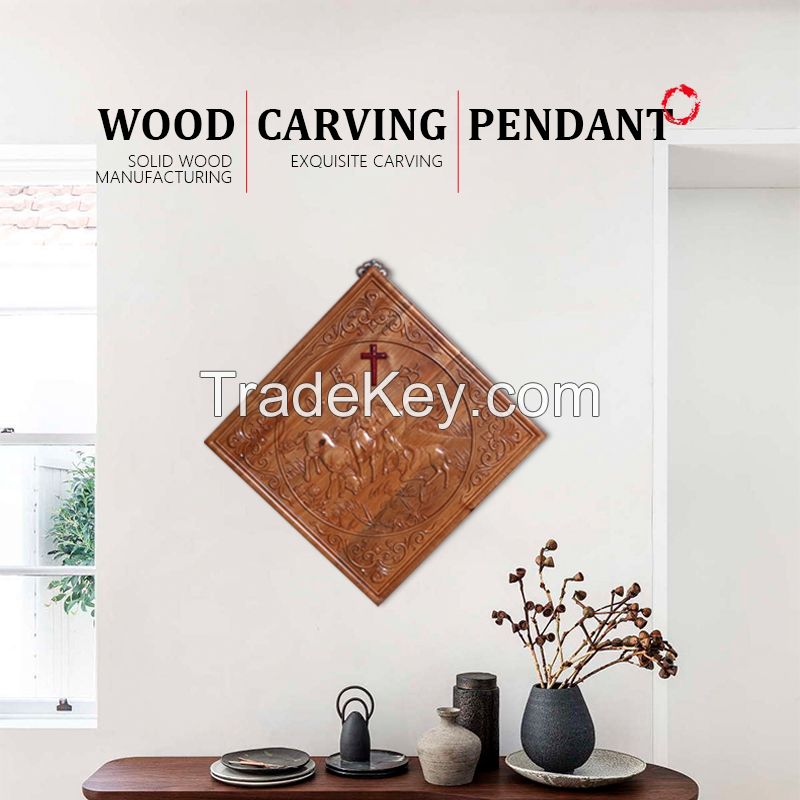 Customizable wood carving Chinese solid wood diamond antique decoration background square porch wall hanging decoration 380mm*380mm pendant
