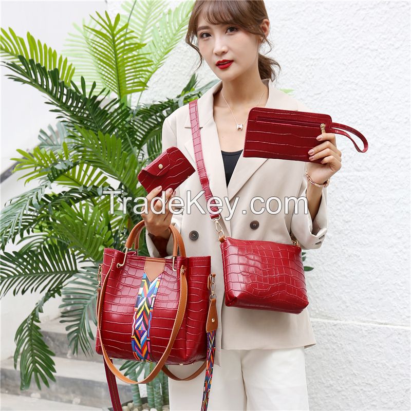 Fashion Stone Pattern Handbag, High-Grade Leather, Color Ribbon Decora