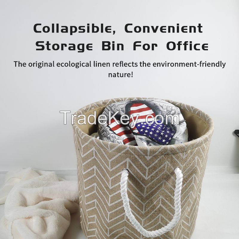 Foldable and Convenient Office Storage Box, Large Storage Bag with Hemp Rope Handle Original Ecological Linen Large Round Bucket 16x15Inch