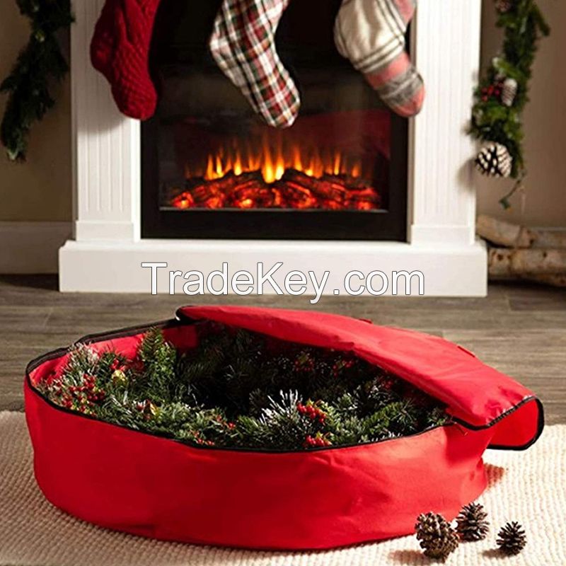 Red Christmas Wreath Organizer Holiday Christmas Wreath Container with Handle and Double Zipper 36x8 InchSupport email contact