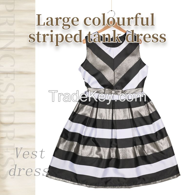 Sleeveless dress with black gray gold big stripe