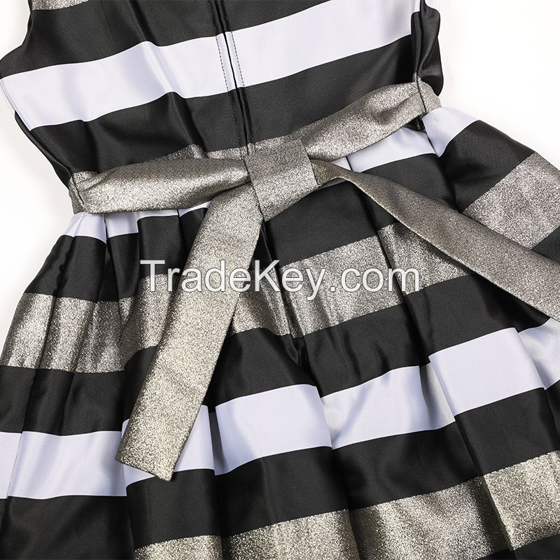 Sleeveless dress with black gray gold big stripe