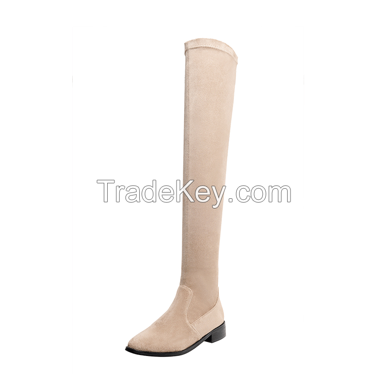 5050 Leather Elastic Flat Bottom Thin Leg over Knee Boots Autumn & Winter New Plush Long Tube Women's Boots