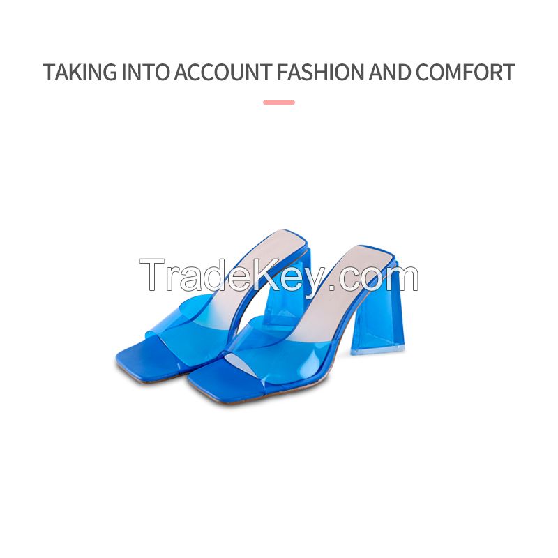 New high-heeled sandals, simple and big brand temperament, fashionable solid color one word thick heel slippers