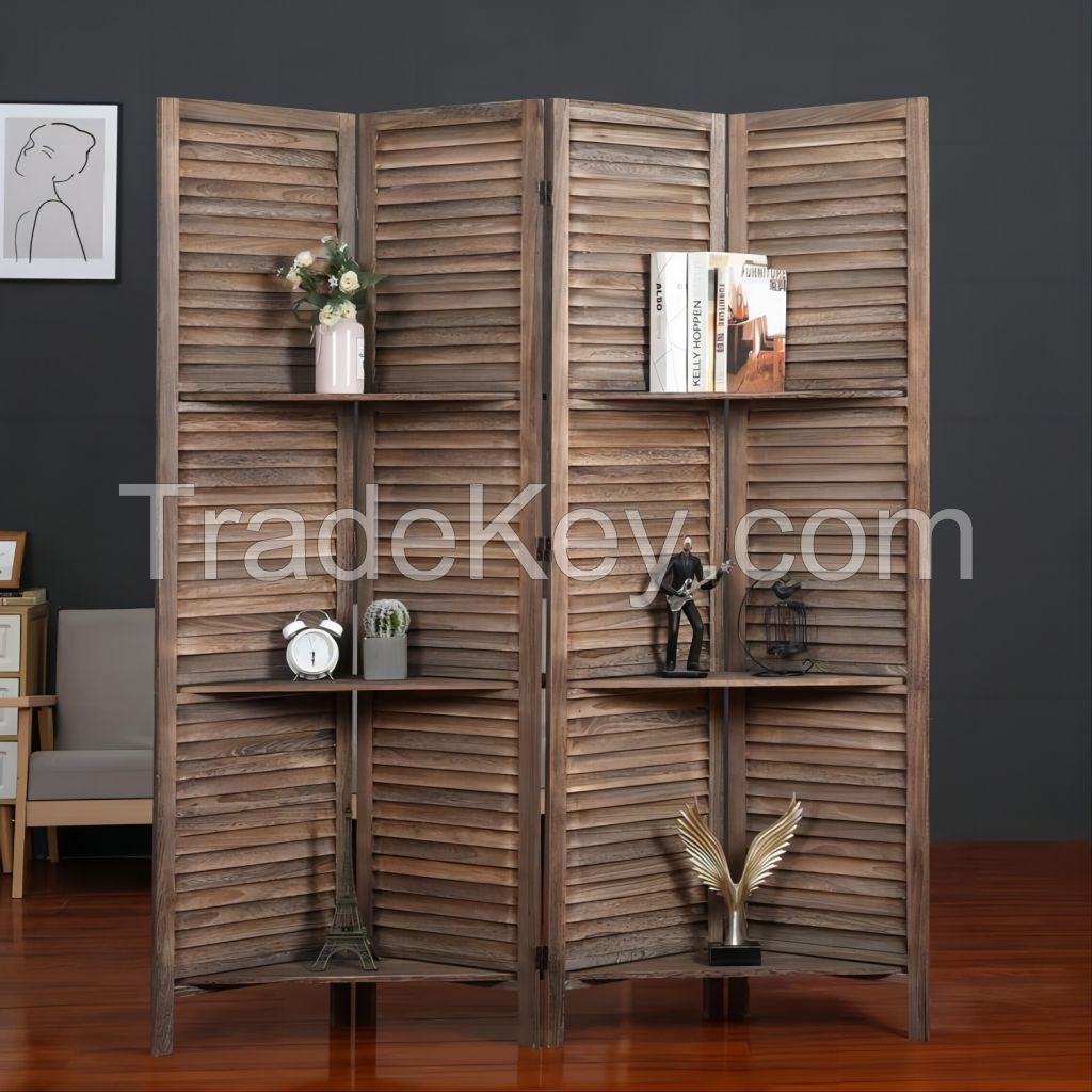 4Panel  Rustic Wood Room Divider With Display Shelf