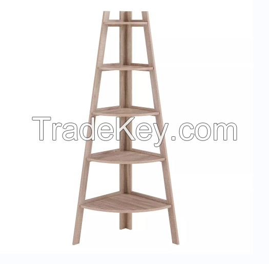 D'Topgrace 5-Tiered Brown Color Corner Bookshelf, Corner Ladder Shelf