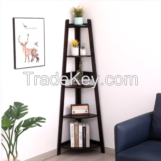 D'Topgrace 5-Tiered Black Color Corner Bookshelf, Corner Ladder Shelf
