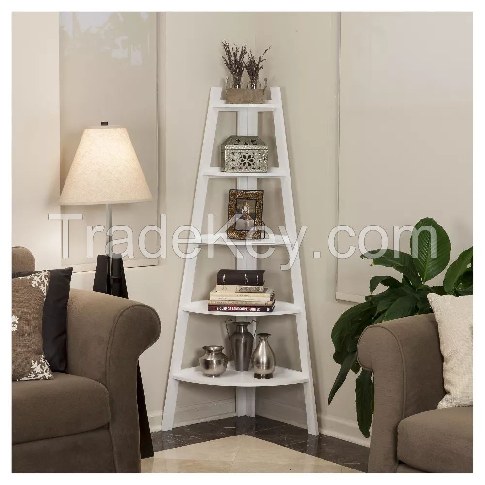 D'Topgrace 5-Tiered White Color Corner Bookshelf, Corner Ladder Shelf