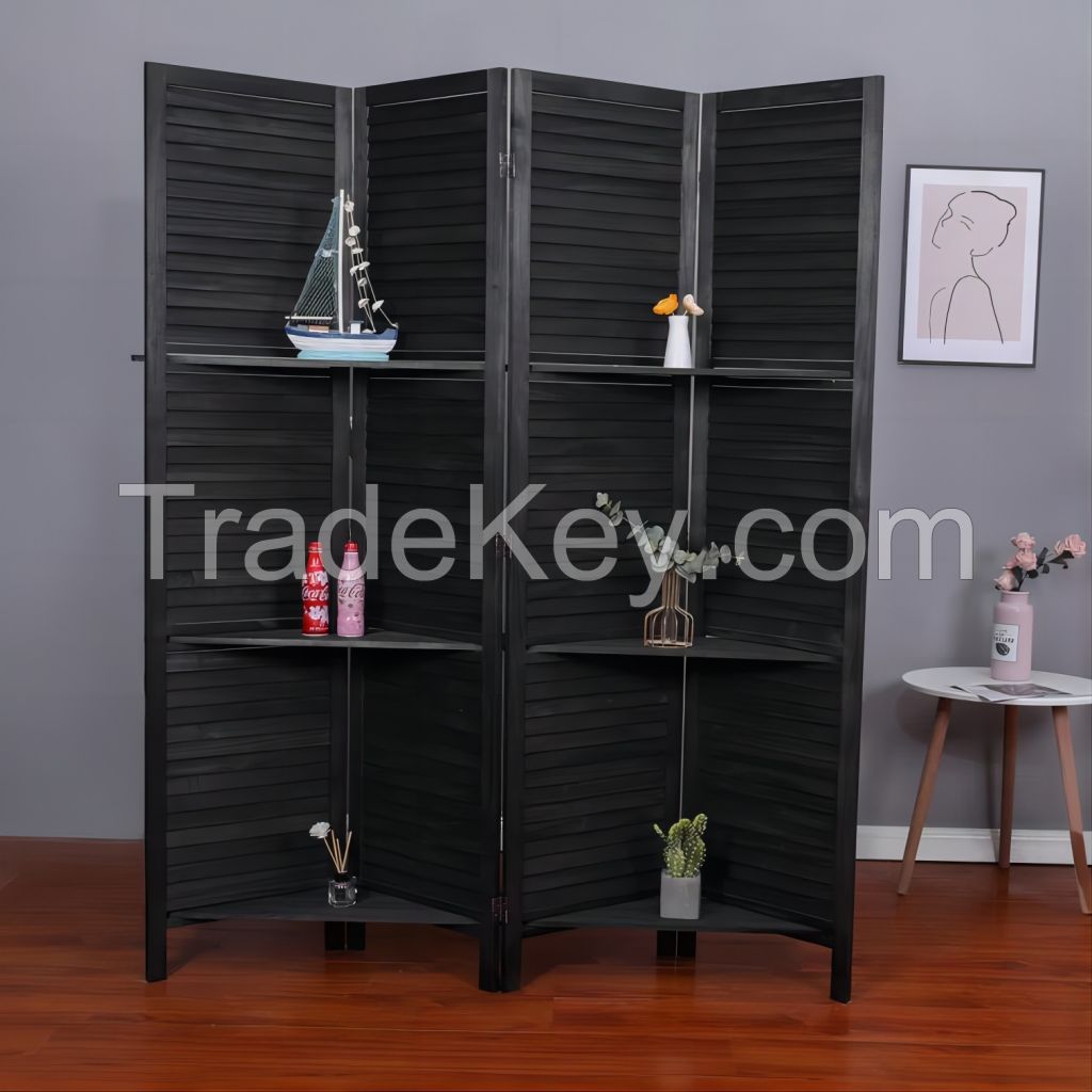 4Panel  Rustic Wood Room Divider With Display Shelf
