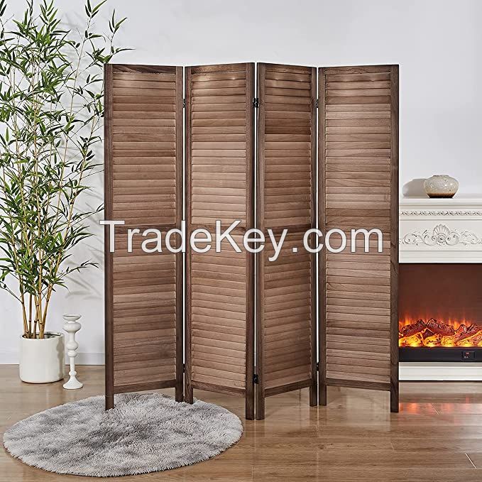 D'Topgrace 4 Panel Brown Color Wooden Room Divider