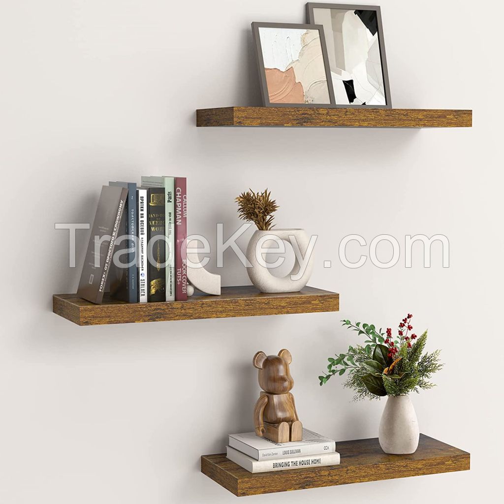 D'Topgrace Set of 3 Brown Color Floating Shelves, Decor Shelf with Invisible Brackets